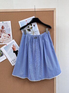 Miu Miu New Arrival Blue Plaid A-Line Mini Skirt with Lace Trim